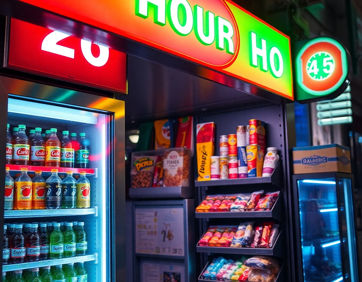 Detalle de estanterías del kiosco con golosinas y heladera de bebidas iluminada de noche