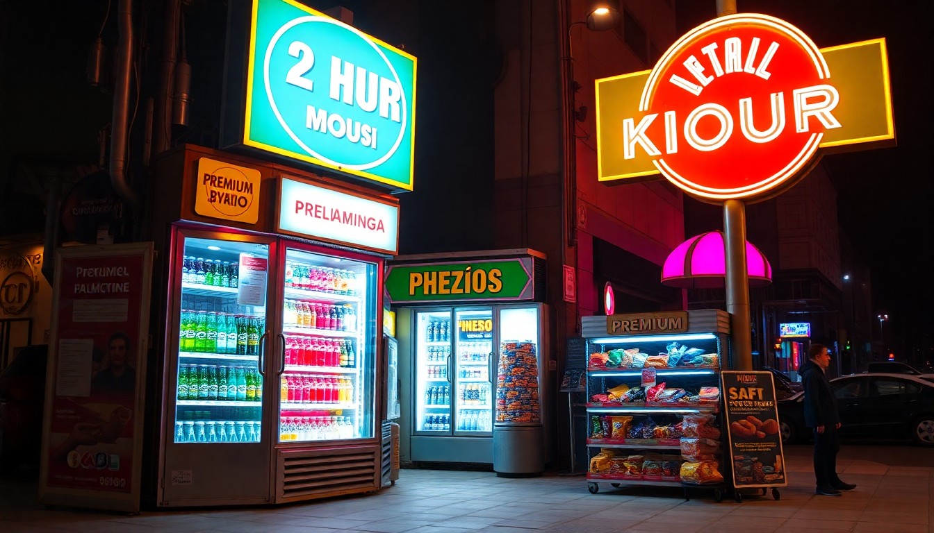 Frente iluminado del Kiosco 24hs de noche, con heladera de bebidas y estanterías llenas de snacks